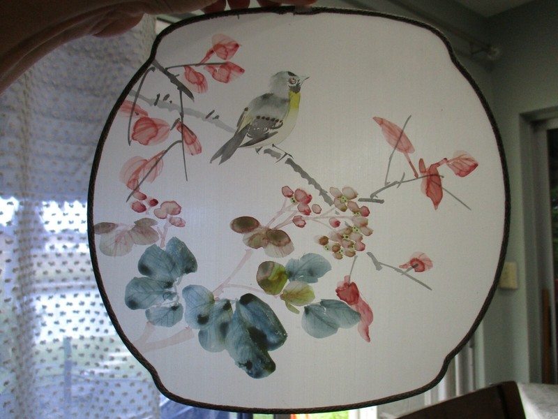 artist hand painted bird on cherry tree branch silk wall hanging 10 x 10 1/2 gallery