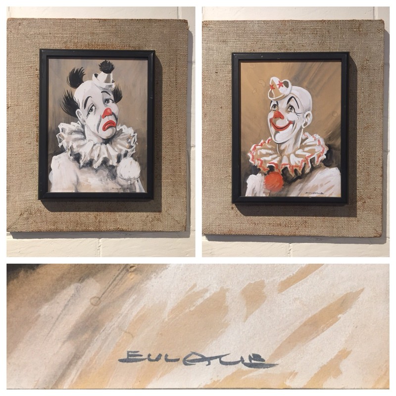 2 EULALIE BANKS «CLOWN WHITE FACE» ORIGINAL WATERCOLOR PAINTINGS ON BOARD SIGNED
