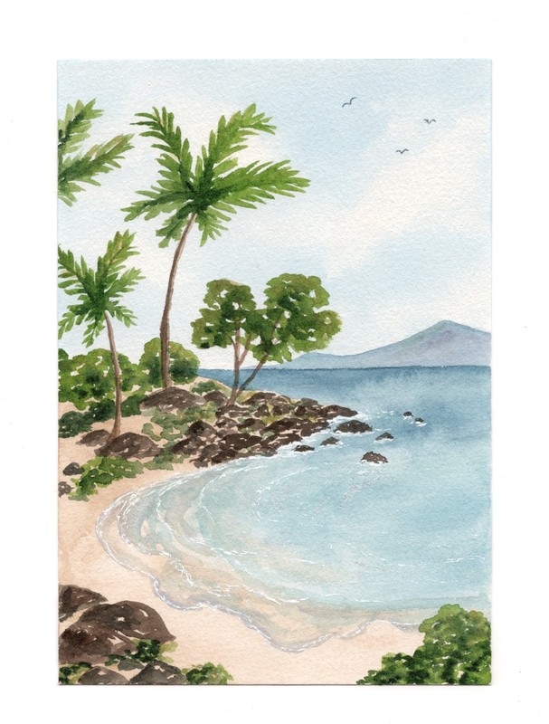 5×7 ORIGINAL Watercolor Painting Palm Tree Beach Ocean Signed CALMLY CREATE