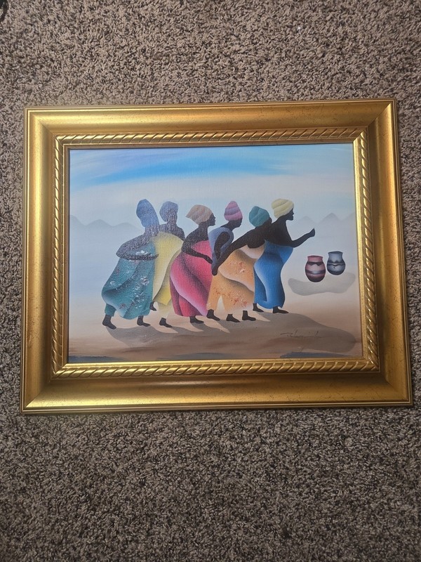 Framed African Women Market Scene Wall Art Gold Frame Signed Colorful Painting