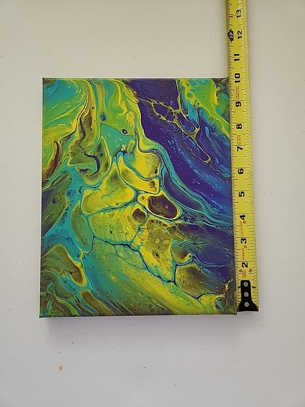 Abstract, Original, Acrylic paint pouring painting, Yellow, Blue, Green 8×10 in