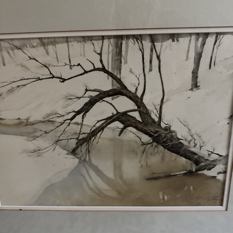 John Webster Signed Framed Winter Landscape Watercolor Painting 1989 Frame 18x22 gallery