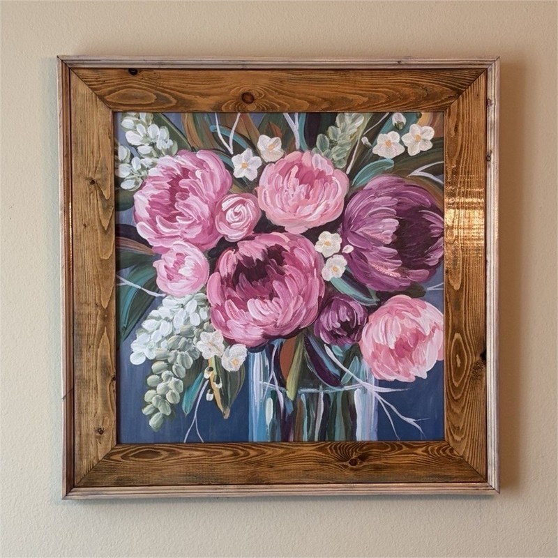 Handmade Rustic Wood Framed Floral Wall Art 25.5” x 25.5” Large Farmhouse Decor