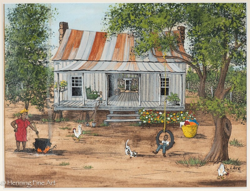 Rare Jean Lake Primitive Folk Art Oil Painting Black Family Rural South, FINE!