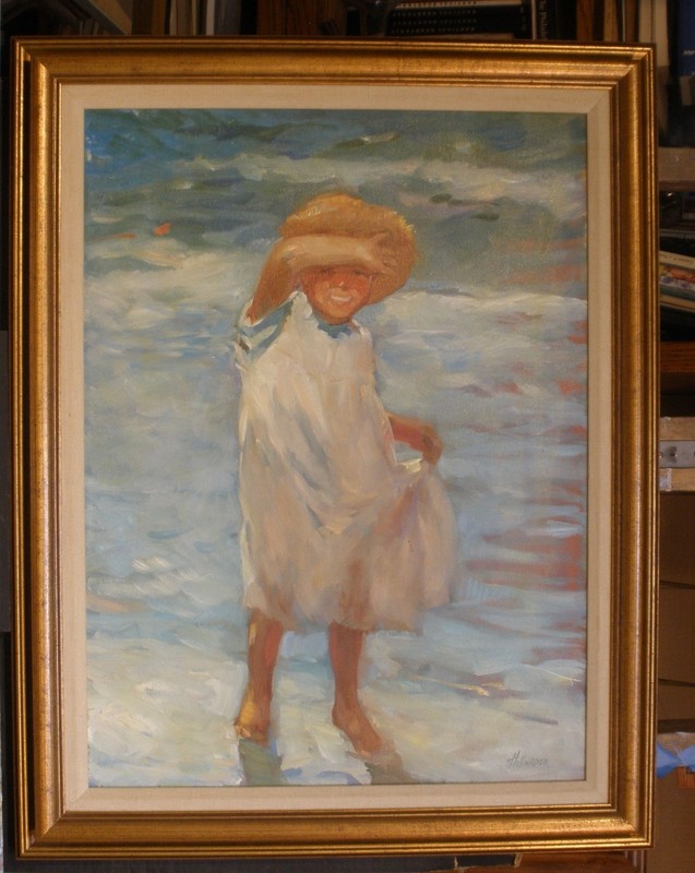 ORIGINAL NAUTICAL SEASIDE 24 x 18 OIL PAINTING OF YOUNG CHILD IN THE SURF