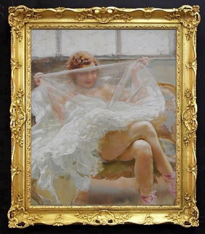 Hand Painted Lady With White Lace Veil Vintage Oil Painting Classical Female Art