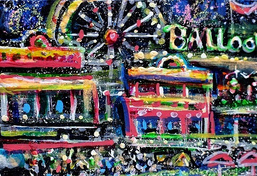 ORIGINAL ACEO Painting CARNIVAL Fair Amusement Park Ocean City Rides Fun ATC ART