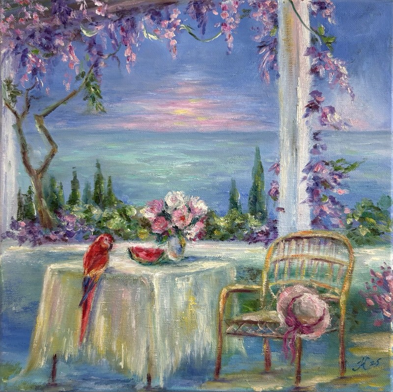 Original Oil Painting Seascape Ocean View with a Parrot 12×12 Home Decor