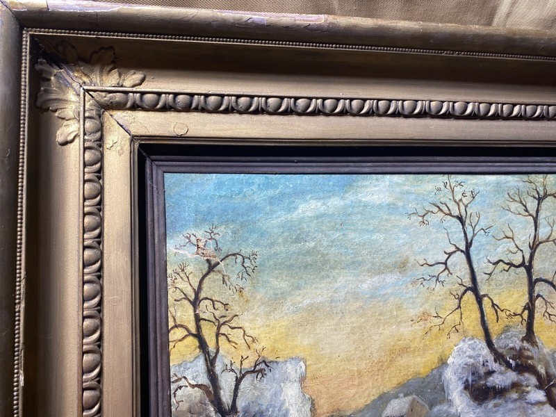 Large Antique "Winter Landscape With Figures Scene" Oil Painting - Signed/Framed gallery