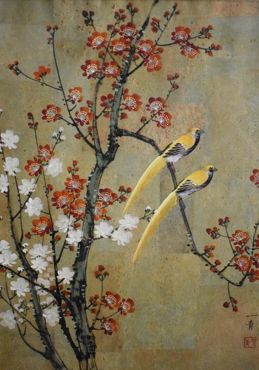 LOVELY HAND PAINTED SIGNED ASIAN WATERCOLOR PAINTING BIRDS AND FLORAL MOTIF #1