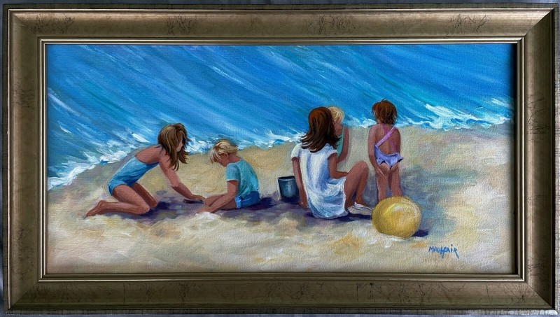 Signed Oil Painting Beach Scene Children Playing at Ocean Phyllis Maulfair