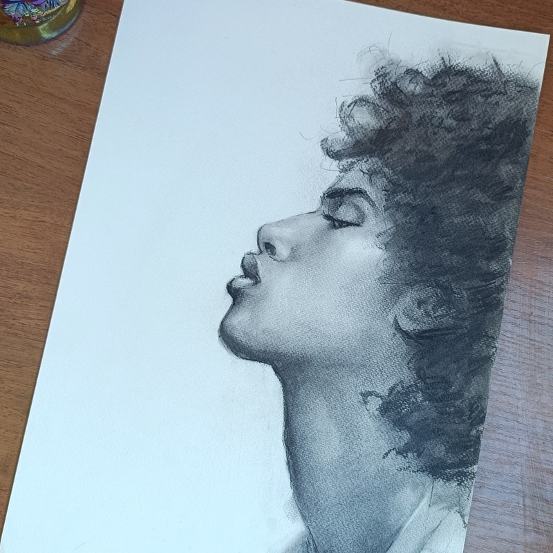 Original charcoal drawing girl portrait. black and white art illustration gallery
