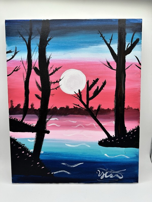 Yisrael S. Painting Signed Original Moon Rising Red Sky With Water & Trees