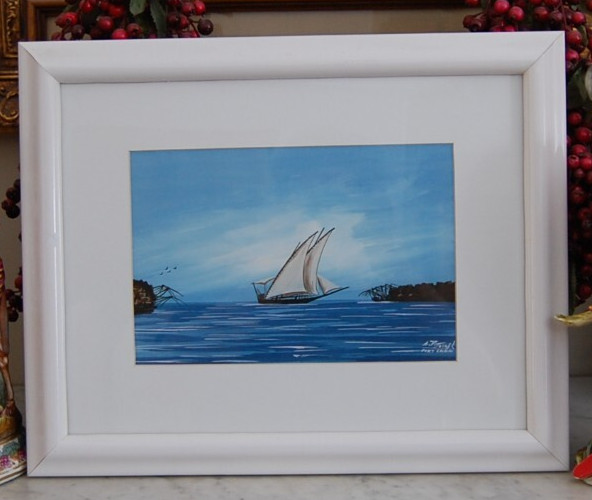 A P JOSEPH FRAMED ORIGINAL VTG GOUACHE ON PAPER FORT COCHIN SAILBOAT & SHORELINE gallery