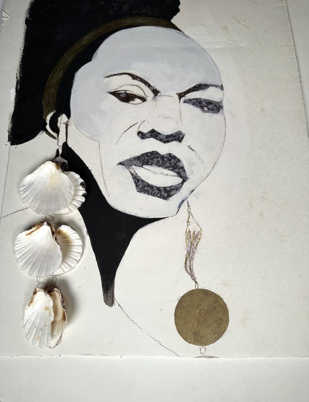 Original Mixed Media Woman Portrait Seashell Art OOAK Foam Board 20x15 gallery