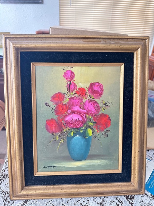 Beautiful Original Oil/Acrylic Painting On Canvas Vase Of Roses By S. Marsh