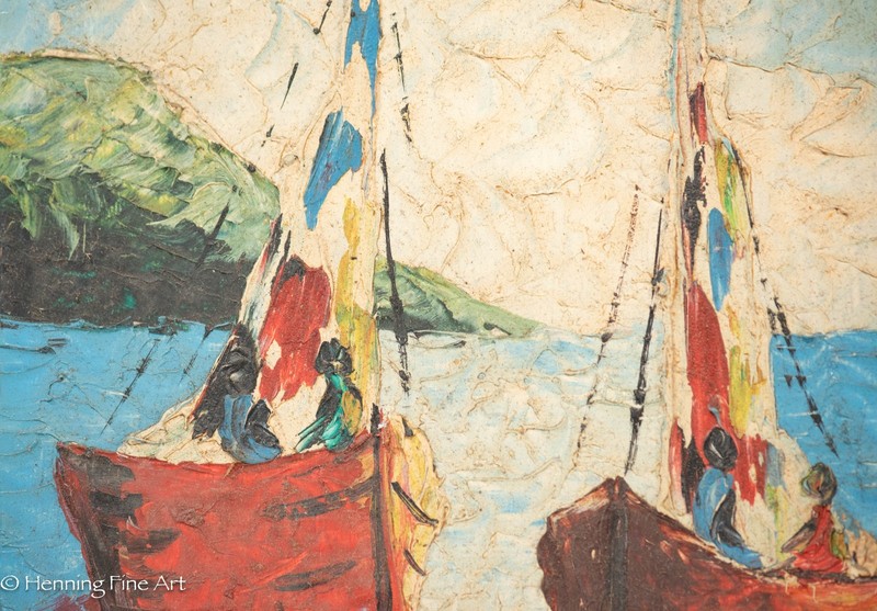 Mid Century Impasto Painting of Twin Red Sailboats Signed "G. Joseph" 15x10" gallery