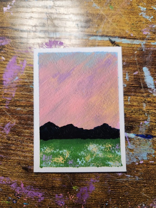 ACEO *Art Print Original Acrylic Painting Sunset Mountains 2.5x3.5 gallery