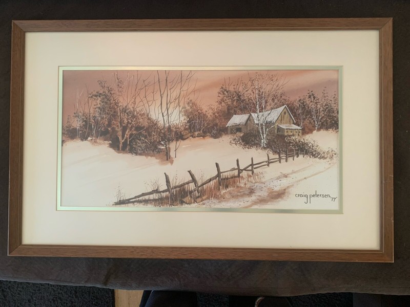 Craig Petersen ‘77 Painting – Outdoor Cabin / Farm Scene. Trees, Snow & Fence.