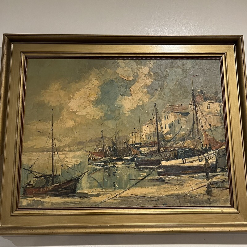Vtg Oil Painting On Canvas Nautical Ship Harbor Scene Unknown Artist Framed