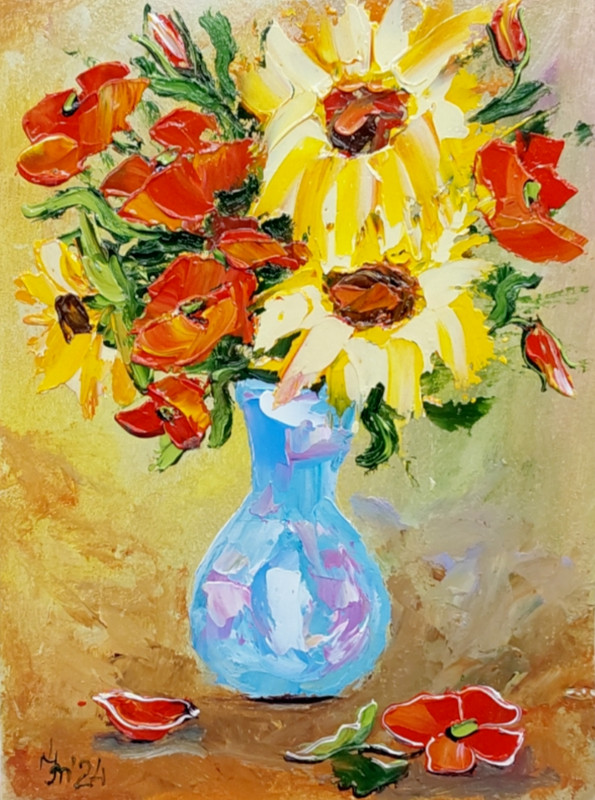 Wildflowers Original Volumetric Painting Sunflowers Poppies Handmade Wall Art