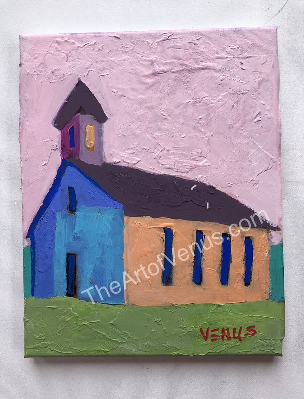 Original Painting Primitive Folk Art Country Farmhouse Church Colorful Canvas