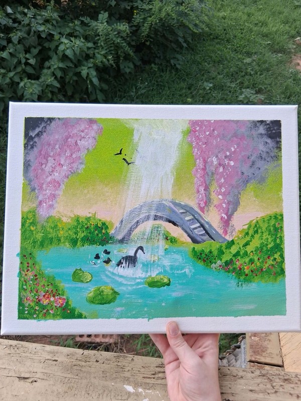 Original Canvas Landscape Painting Swimming Swans Unframed – acrylic on canvas