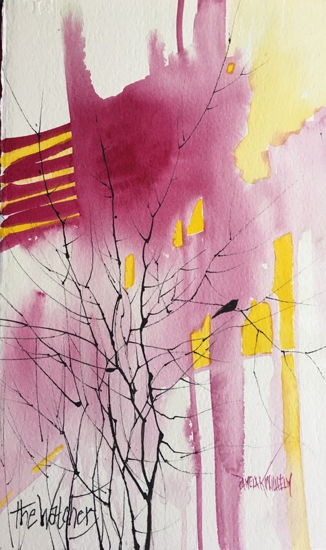 6X10 Original Watercolor Pamela Wilhelm Pink Yellow Black Abstract Bird Watcher