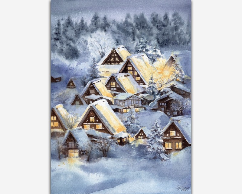 Winter Original Watercolor painting. Snowy Christmas landscape of countryside.