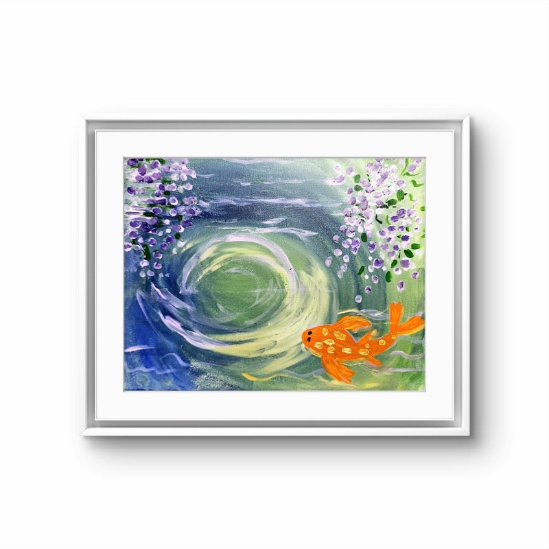 Koi Fish Pond with Wisteria Reflection Acrylic Painting 11x14 gallery