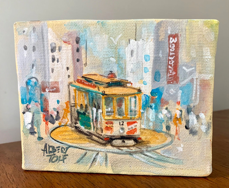 Vintage Albert Tolf San Francisco Cable Car Woolworths Painting – Oil on Canvas