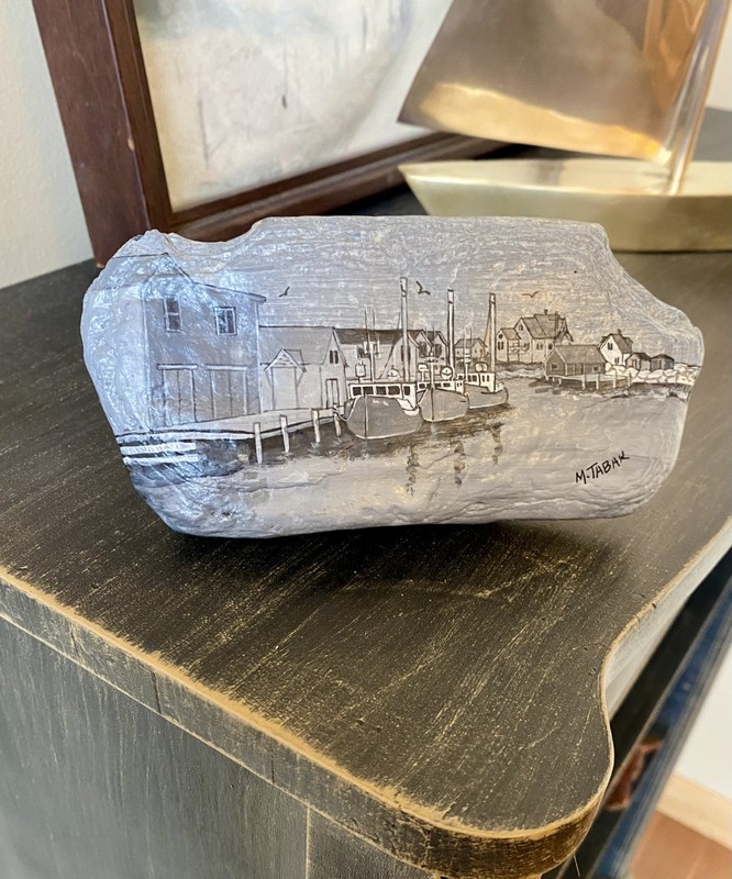 M. Tabak Hand Painted Art Peggy’s Cove-Nova Scotia w/ Natural Slate & Wood Stand