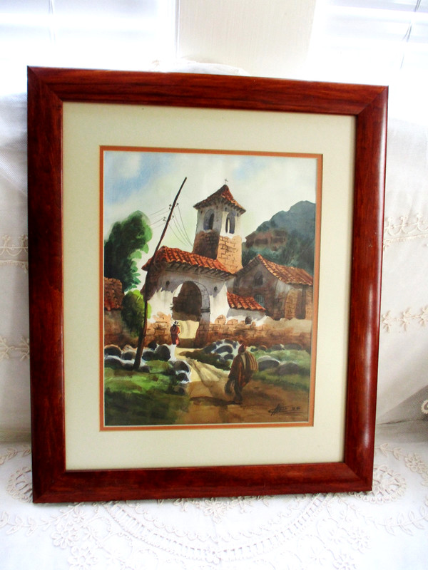 Vintage 1984 Signed Watercolor of Village Church in Mountains ~ Framed
