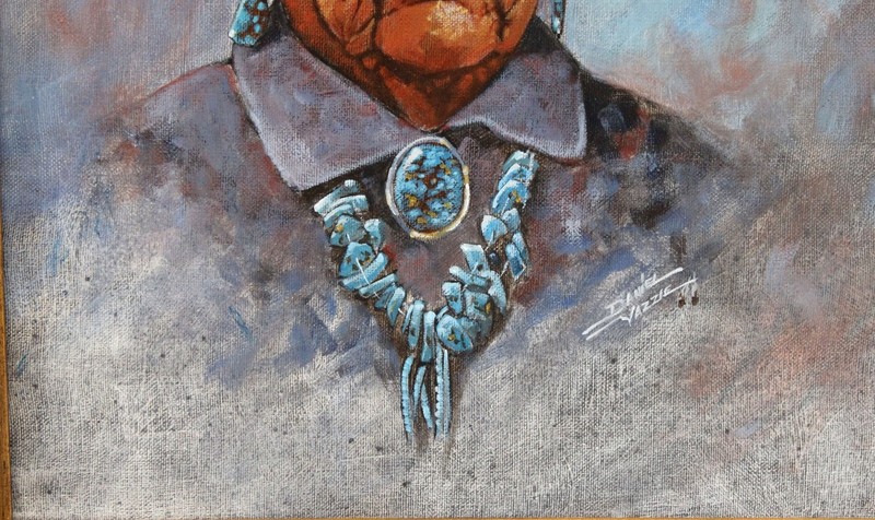 Daniel Yazzie 14x18 Oil Painting Portrait of Old Navajo Man Carved Mexico Frame gallery