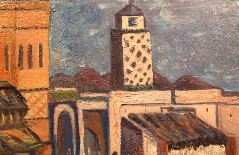 Impressionistic 20th Century Oil Painting of Rabbi in Middle Eastern Bazaar gallery