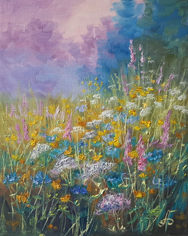 Colorful Wildflower Meadow Original Oil Painting Floral Landscape Nature 8×10 in