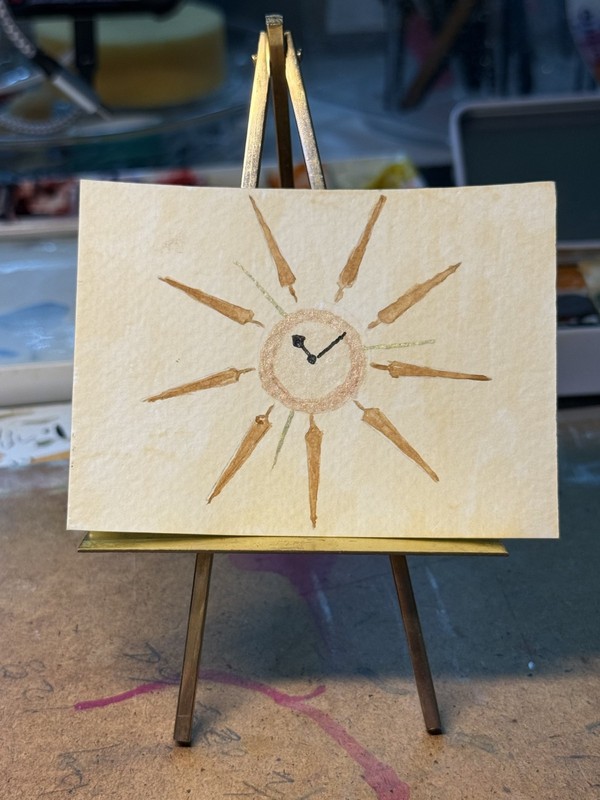 ACEO Original Watercolor Painting Mid Century Modern Atomic Sunburst Clock Art