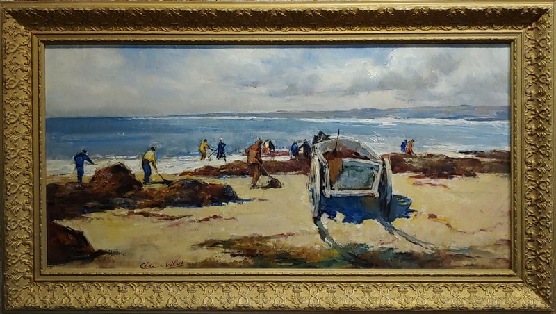 Cesar Vilol -Workers Cleaning a beautiful Beach-Oil painting c1930s gallery