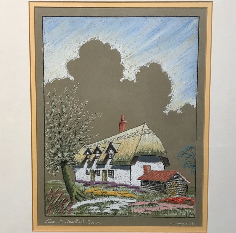 English Cottage – Original Chalk Drawing by A. C. Swan, Signed