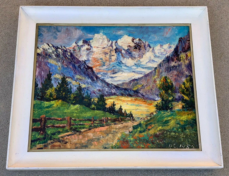 VINTAGE EUROPEAN IMPRESSIONIST «SWISS ALPS» LANDSCAPE OIL / CANVAS. SIGNED. 1954