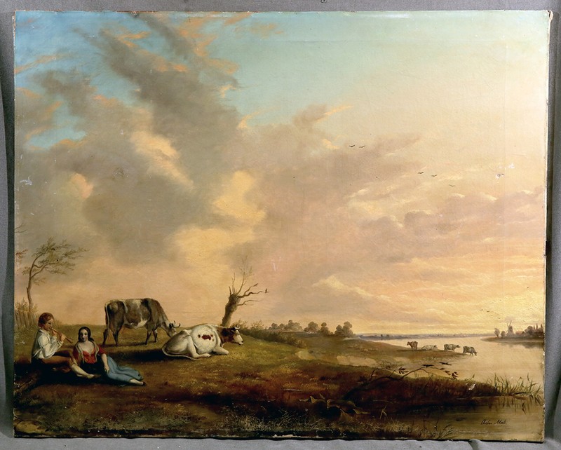 19th Century American Landscape with Young Shepherd Boy Girl & Cows