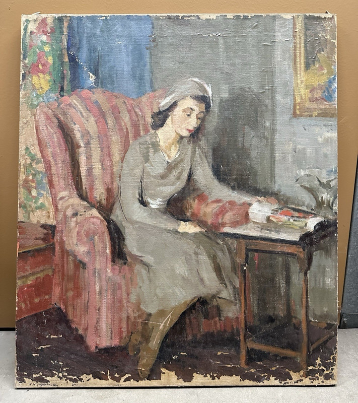 Impressionist Oil Painting of Woman Reading On A Chair Unsigned