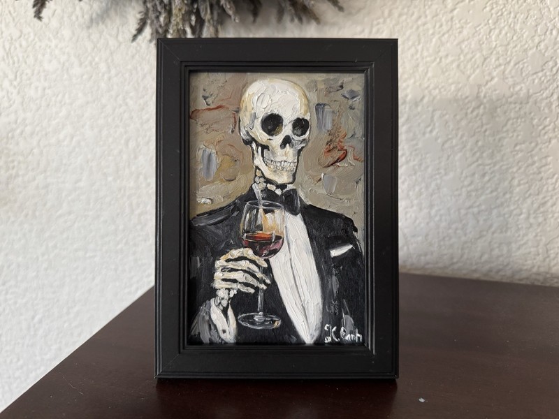 ORIGINAL OIL PAINTING SKELETON PORTRAIT HALLOWEEN SIGNED FRAMED 4x6 gallery