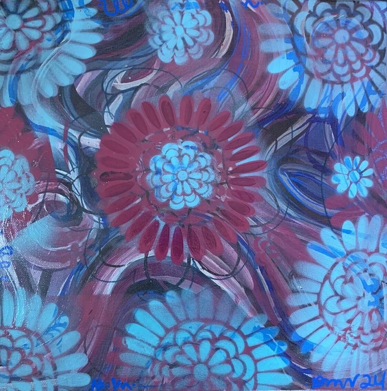 Abstract Spray Flower Painting 12×12 Gallery canvas Wall Art Plum & Teal