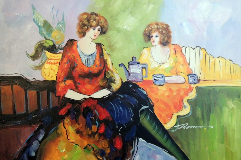 Redhead Ladies Sisters 1920s Coffee House Tea Cafe 24X36 Oil Painting STRETCHED