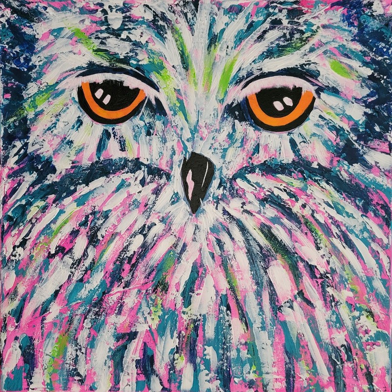Original painting of an Owl «Keeping Watch» 20x20x1.5 Acrylic pink blue green