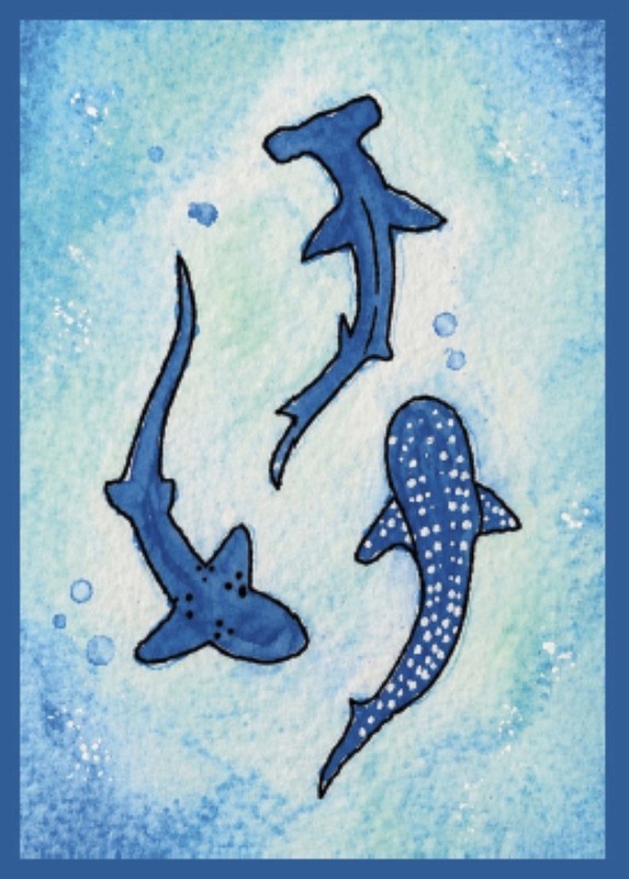 Shark Trio ACEO Print Ocean Art Blue Watercolor by Lisa