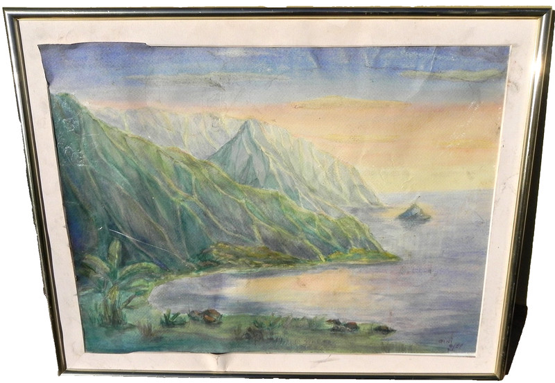 Watercolor painting Hawaii rugged coast 1987 signed