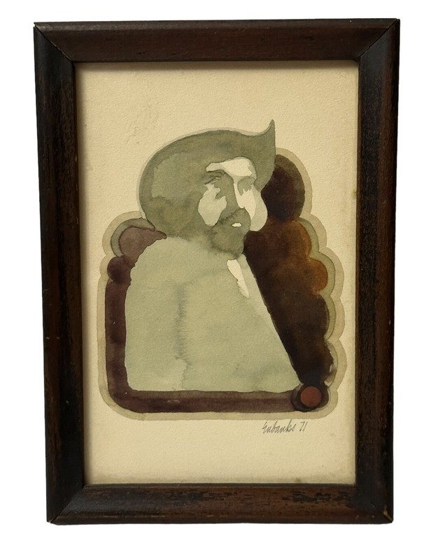 Original Signed Watercolor Picture Civil War Veteran, Western Man Framed 5×7