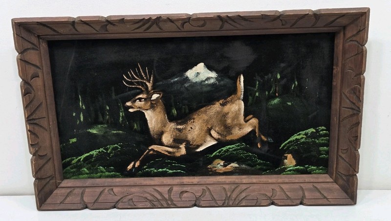 Vintage Black Velvet Whitetail Deer Painting Carved Wood Frame 80s 70s 14×23